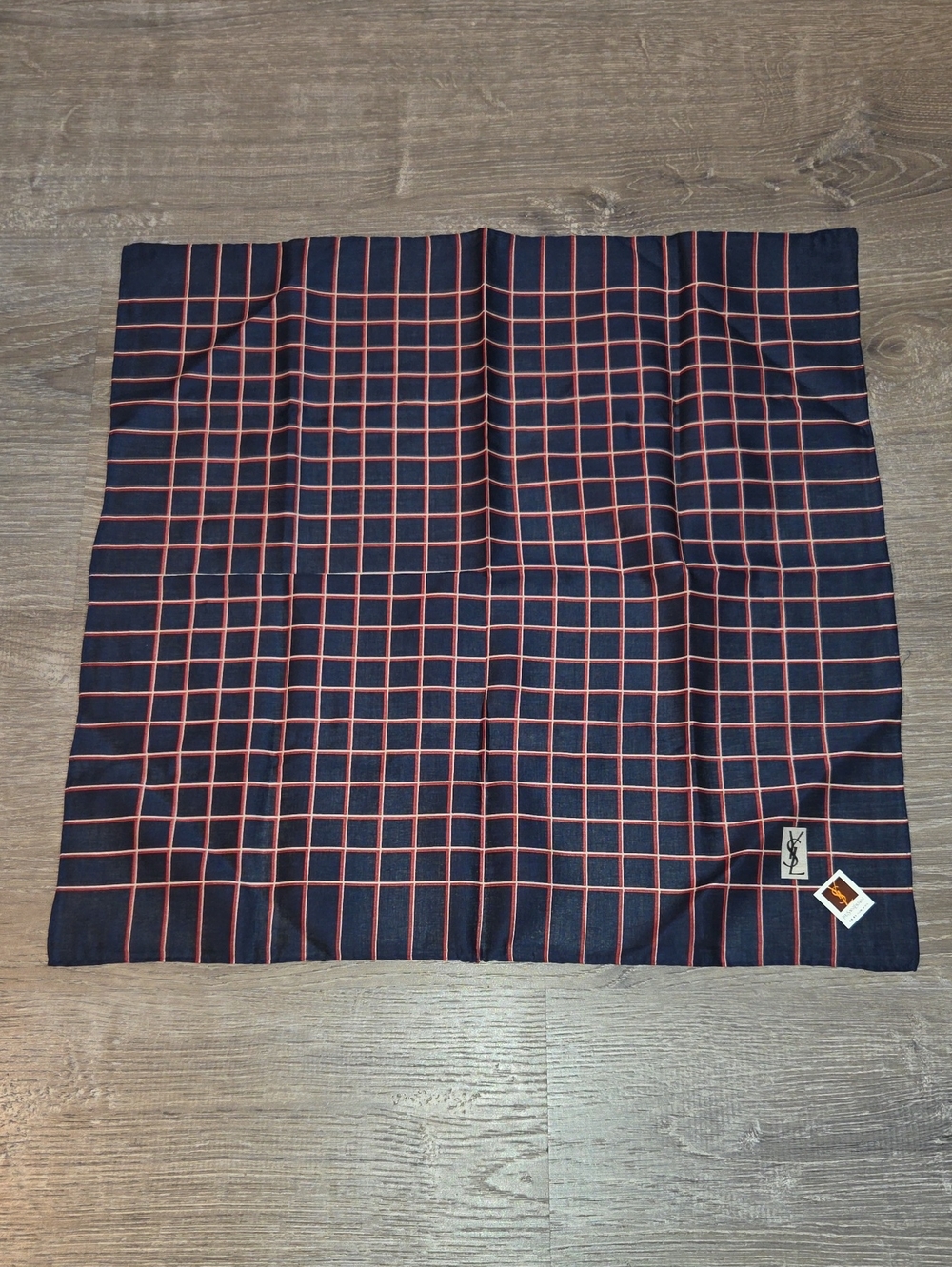 Yves Saint Laurent Navy with Coral Grid Cotton Square Handkerchier